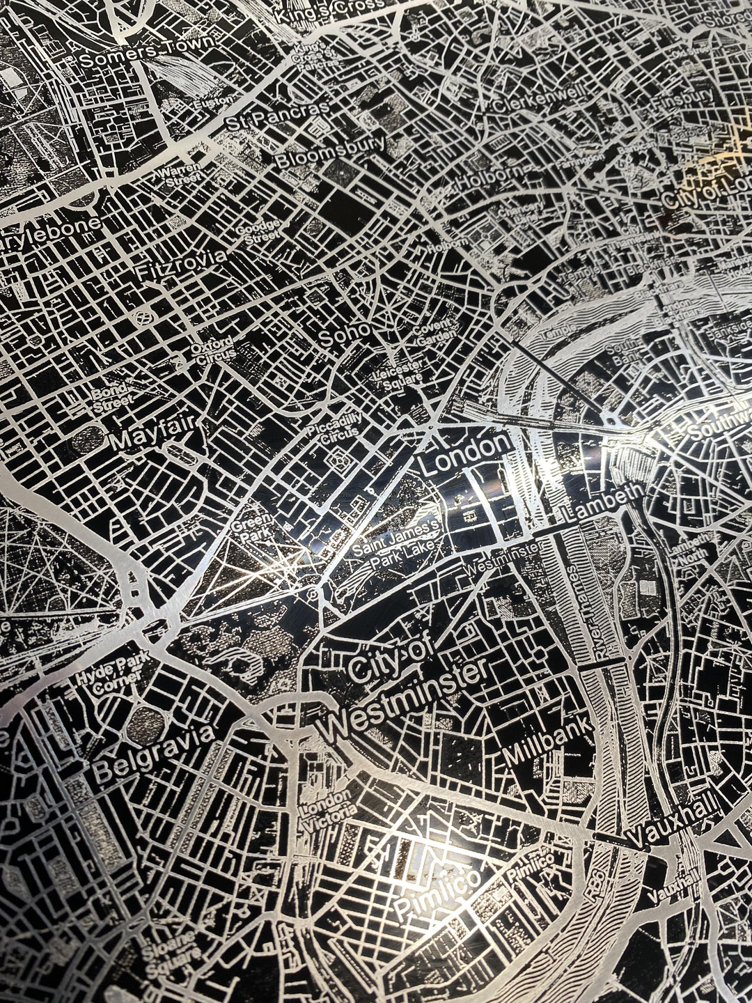 Laser Engraved Polished Aluminum Map of London - Medium - Alpha Channel Design