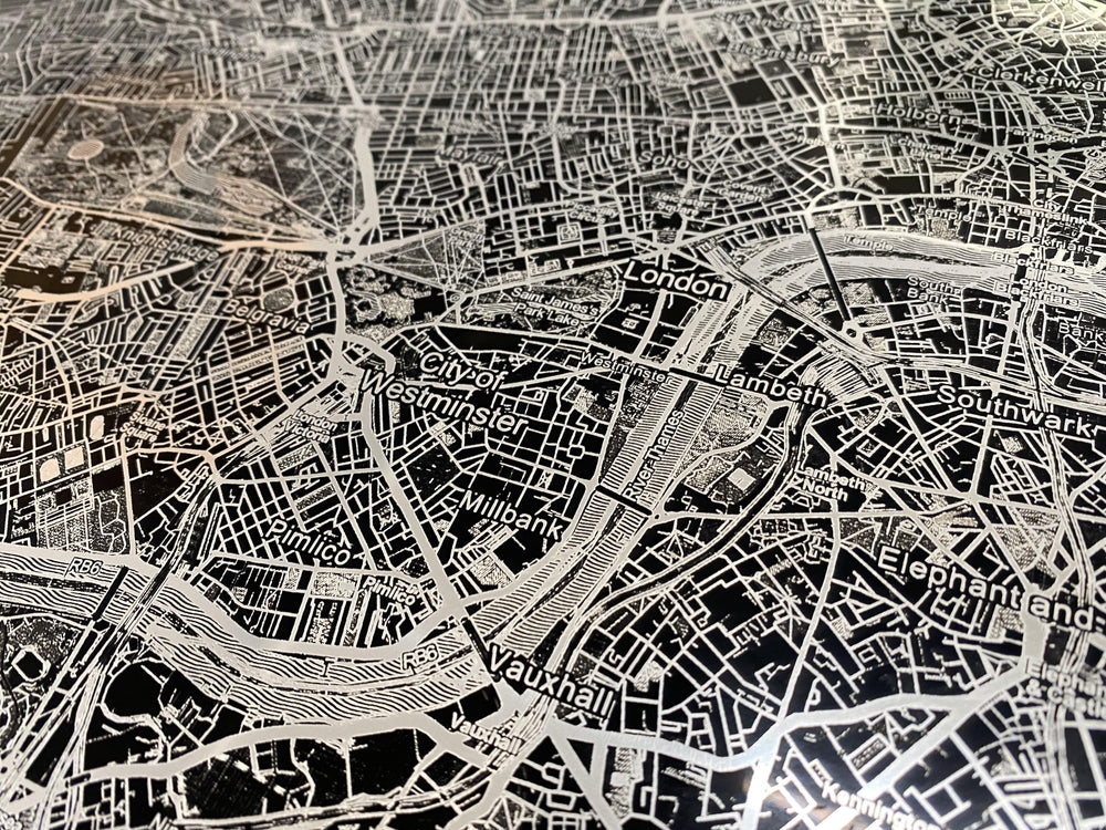 Laser Engraved Polished Aluminum Map of London - Medium - Alpha Channel Design