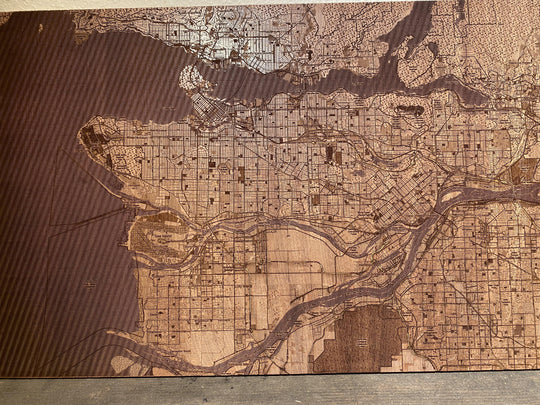 Laser Engraved Wood Map of Vancouver, B.C. - Alpha Channel Design
