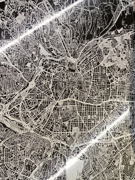 Laser Engraved Polished Aluminum Map of Madrid - Medium - Alpha Channel Design