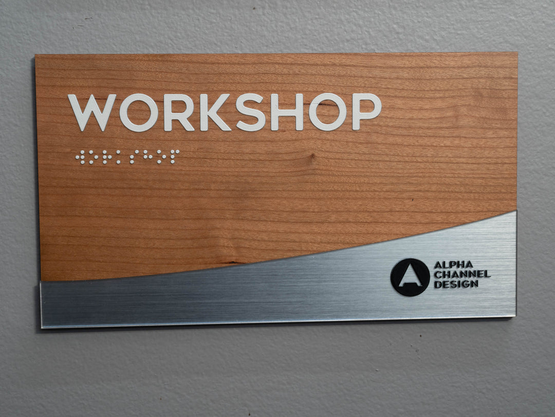 Ada Sign Lettering Custom Wood and metallic interior sign with raised letters and ADA com ...