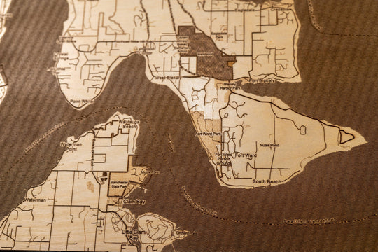 Laser Engraved Wood Map of Bainbridge Island - Alpha Channel Design