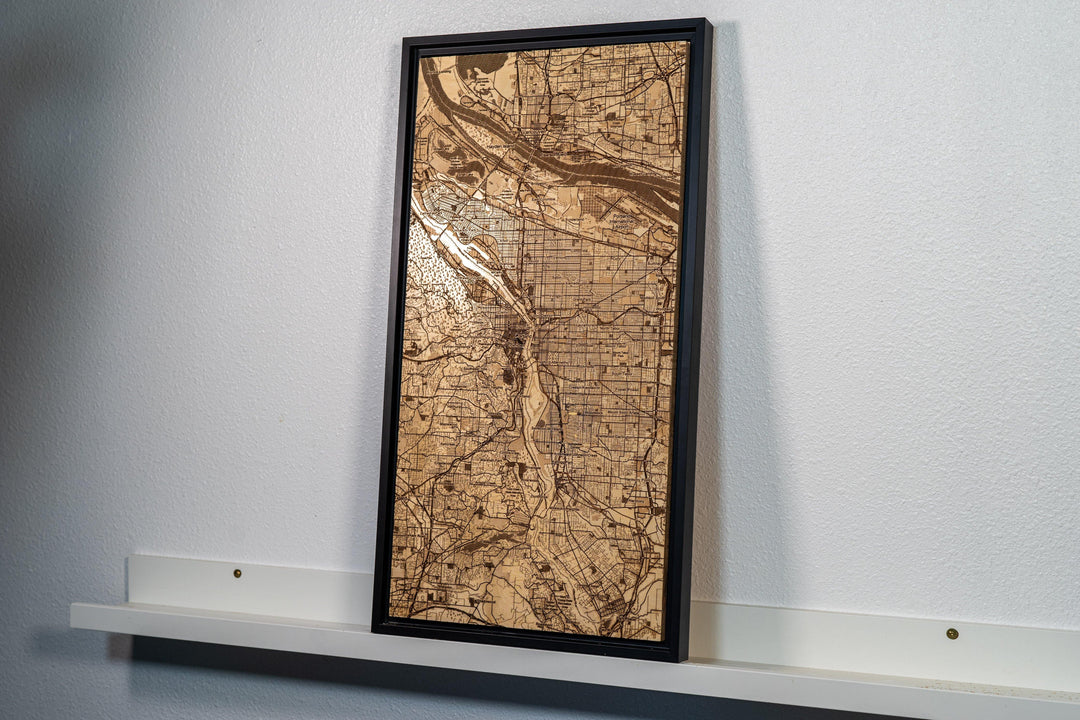 Laser Engraved Wood Map of Portland Oregon - Alpha Channel Design