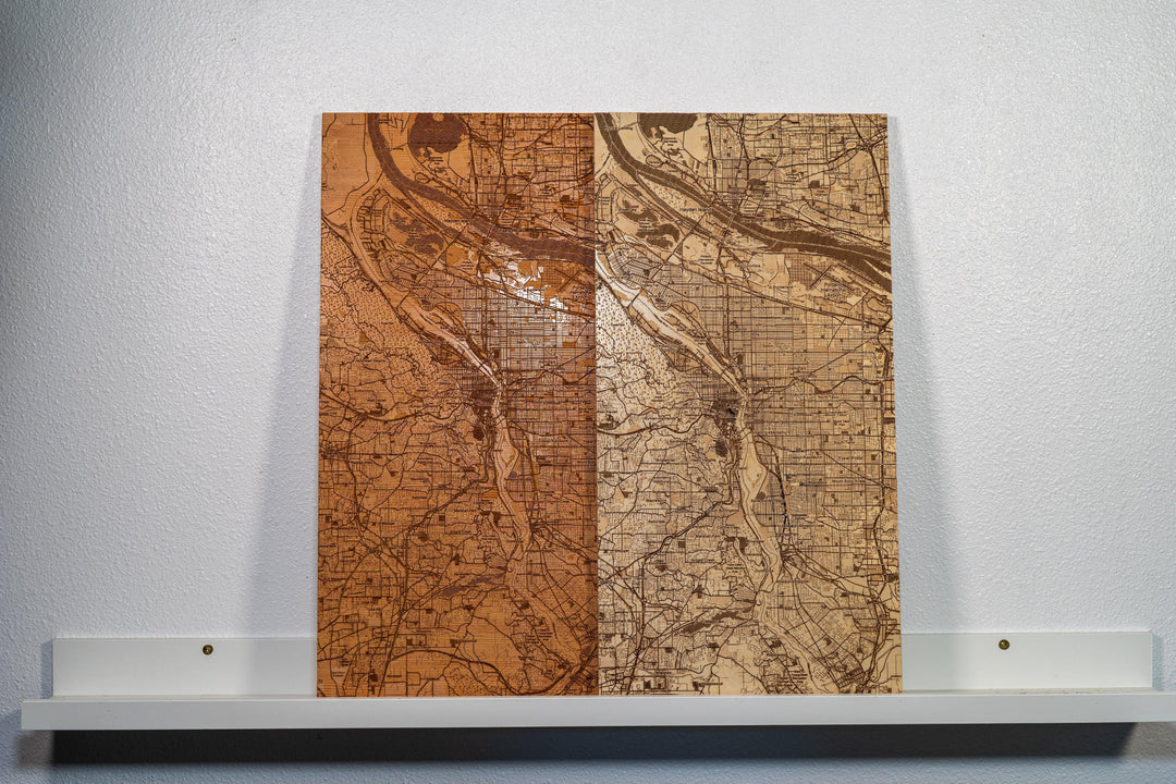 Laser Engraved Wood Map of Portland Oregon - Alpha Channel Design