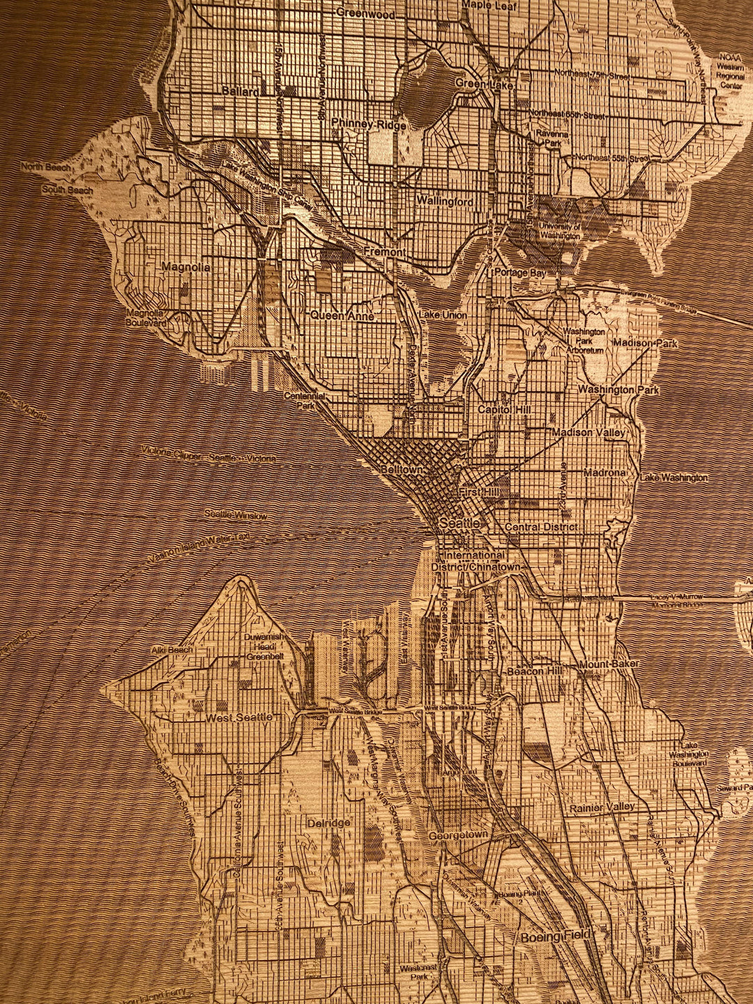 Laser Engraved Wood Map of Seattle - Alpha Channel Design