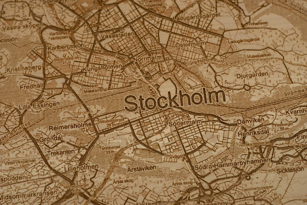 Wood Map of Stockholm, Sweden - Laser Engraved